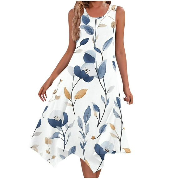 Women's Causual Dresses Sleeveless Round Neck Drawstring Ruffle A-Line Mini Dress White