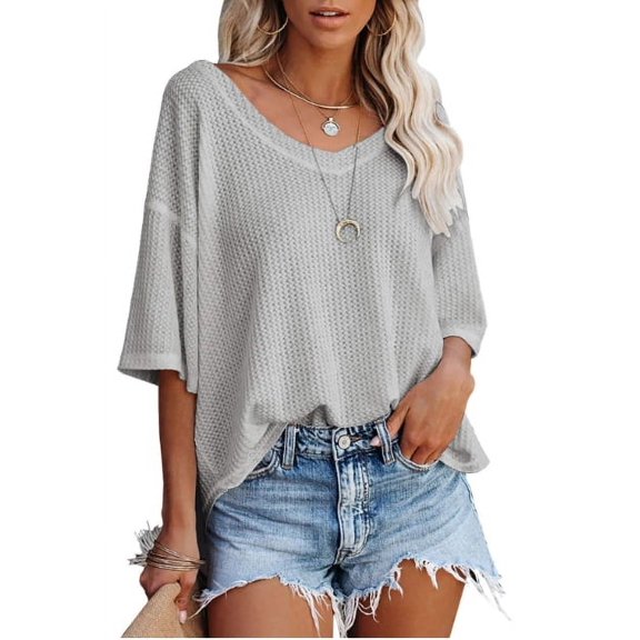 Women's Causual V Neck Short Sleeve Shirts Waffle Knit Loose Tunic Tops Blouses