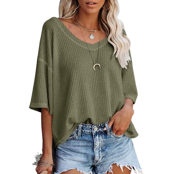 Women's Causual V Neck Short Sleeve Shirts Waffle Knit Loose Tunic Tops Blouses