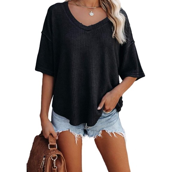 Women's Causual V Neck Short Sleeve Shirts Waffle Knit Loose Tunic Tops Blouses
