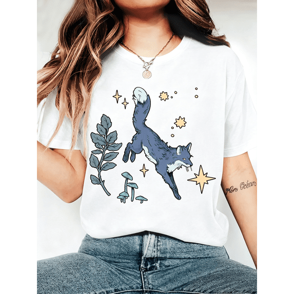 Women's Celestial Blue Fox Mushroom Graphic T‑Shirt Witchy Forest Fall Short Sleeve Casual Tee