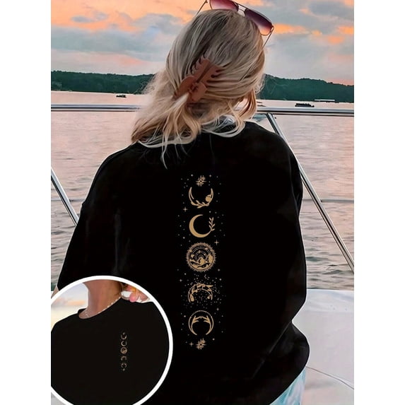 Women's Celestial Boho Crescent Moon Phase Graphic T-Shirt