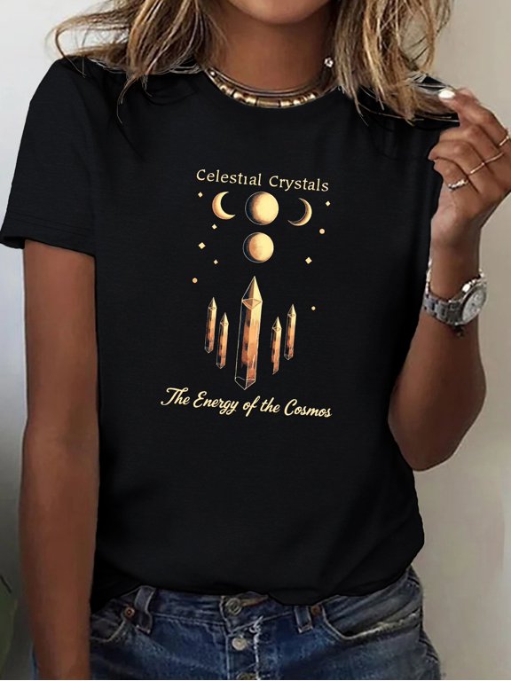 Women's Celestial Crystals & Cosmic Energy Print T-Shirt - Boho-Chic Astrology Design with Moon Phases, Planets & Crystal Grid - Short Sleeve Crew Neck Top for Summer, Spring