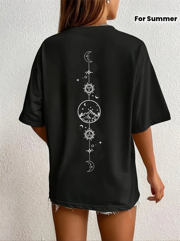 Women's Celestial Graphic Print T-Shirt - Short Sleeve Crew Neck Casual Top with Geometric Moon & Stars Design, Machine Washable for Summer & Spring