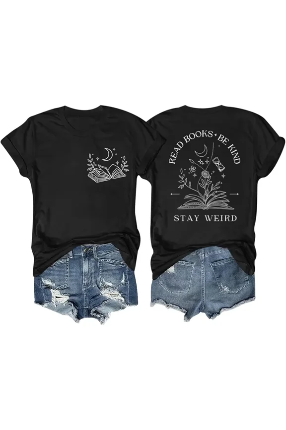 Women's Celestial Moon Graphic T-Shirt Vintage Book Lover Short Sleeve Tee READ BOOKS BE KIND STAY WEIRD Aesthetic Bibliophile Black Top