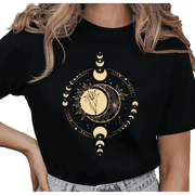 Womens Celestial Moon Phase Flower Minimalist Aesthetic Graphic T Shirt Short Sleeve Round Neck Top Black S-5XL