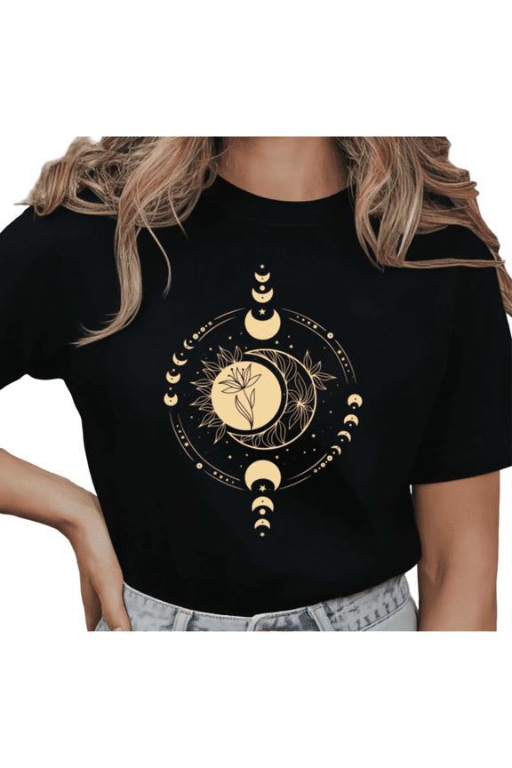 Women's Celestial Moon Phase Flower Minimalist Aesthetic Graphic T Shirt Short Sleeve Round Neck Top Black S-5XL