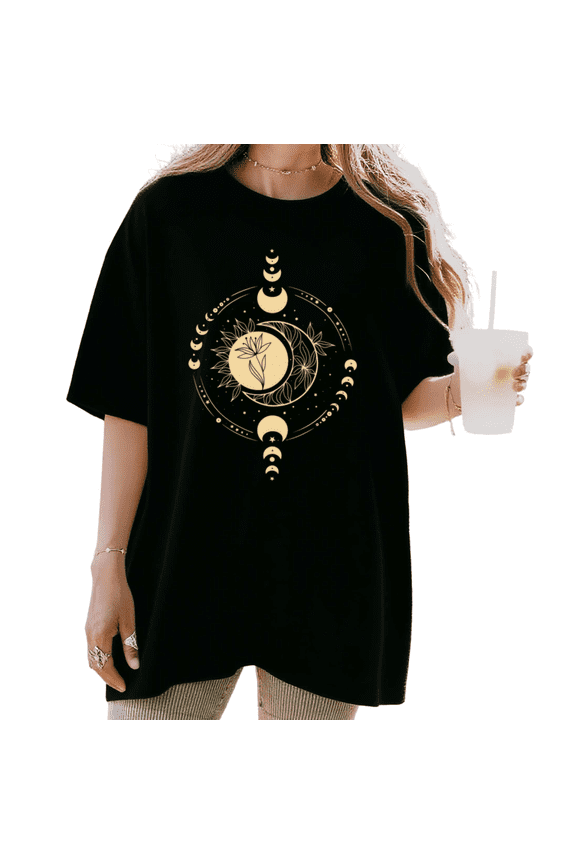Women's Celestial Moon Phase Flower Minimalist Aesthetic Graphic T Shirt Short Sleeve Round Neck Top Black S-5XL
