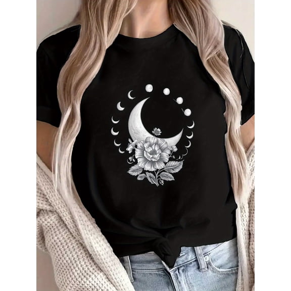 Women's Celestial Moon Phases & Floral Print T-Shirt - Short Sleeve Crew Neck Casual Top, Machine-Washable Fabric for All-Season Comfort, Moon And Stars Decor, Spring Clothing, Starry Night Style