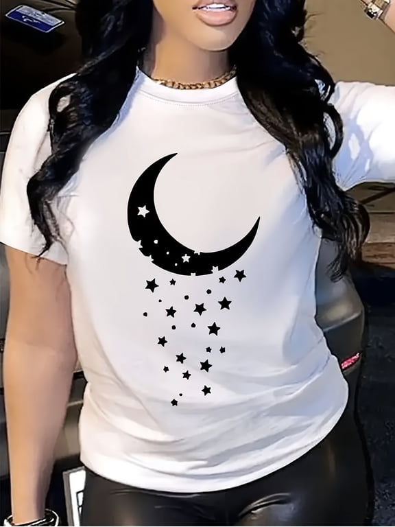 Women's Celestial Moon and Stars Graphic T-Shirt, Crescent Moon Print Casual Crew Neck Short Sleeve Tee, Boho Cosmic Graphic Shirt, Soft Breathable Everyday Top