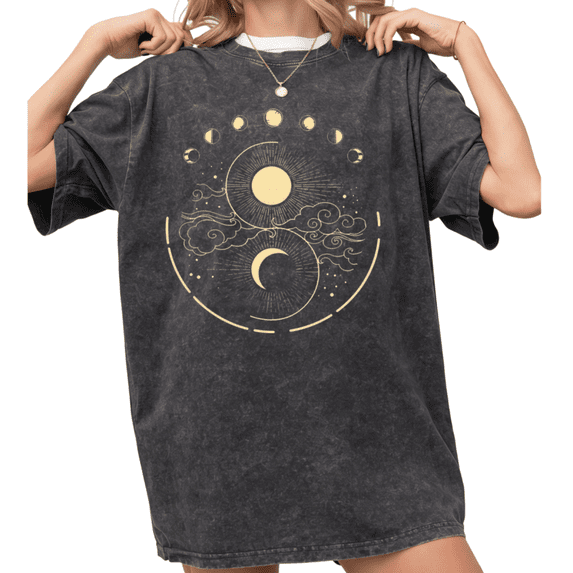 Women's Celestial Sun Moon Yin Yang Moon Phase Aesthetic Boho Witchy Graphic Washed T Shirt Black S-2XL Plus Size