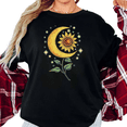 thumbnail image 1 of Women's Celestial Sunflower And Crescent Moon Boho Graphic Cotton T Shirt Breathable Short Sleeve Round Neck Top Black S-5XL, 1 of 5