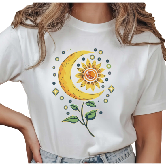 Women's Celestial Sunflower And Crescent Moon Boho Graphic Cotton T Shirt Breathable Short Sleeve Round Neck Top White S-5XL