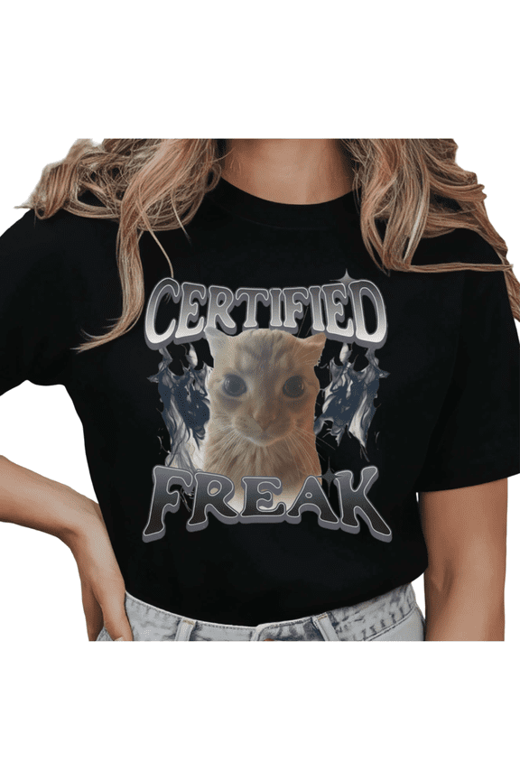 Women's "Certified Freak" Cat Meme Graphic Casual T Shirt Funny Gothic Cat Lover Retro Short Sleeve Round Neck Top Black S-5XL