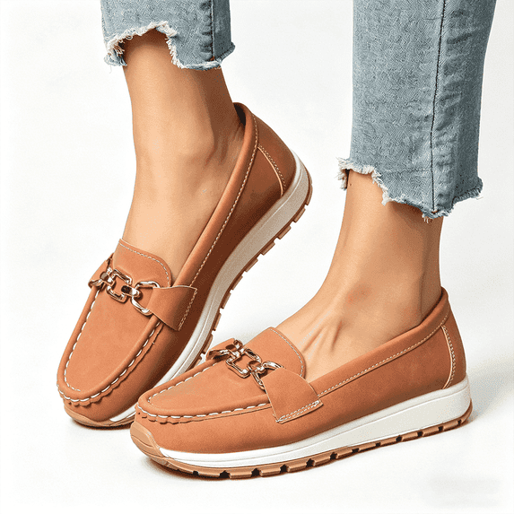 Women's Chain-Detail Loafers, Slip-On Casual Platform Shoes, Comfortable Walking Flats