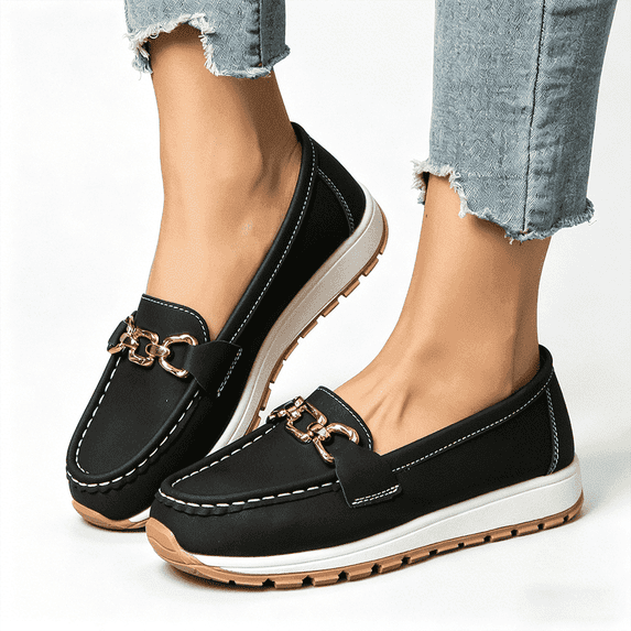 Women's Chain-Detail Loafers, Slip-On Casual Platform Shoes, Comfortable Walking Flats