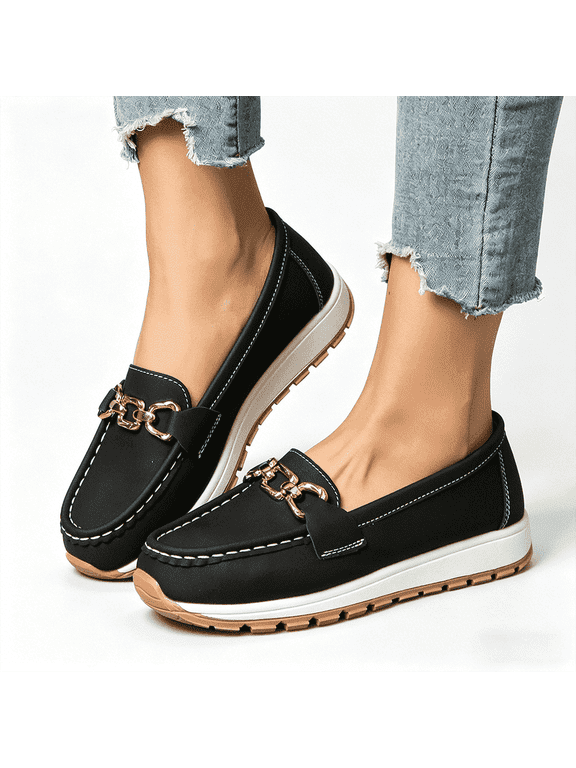 Women's Chain-Detail Loafers, Slip-On Casual Platform Shoes, Comfortable Walking Flats