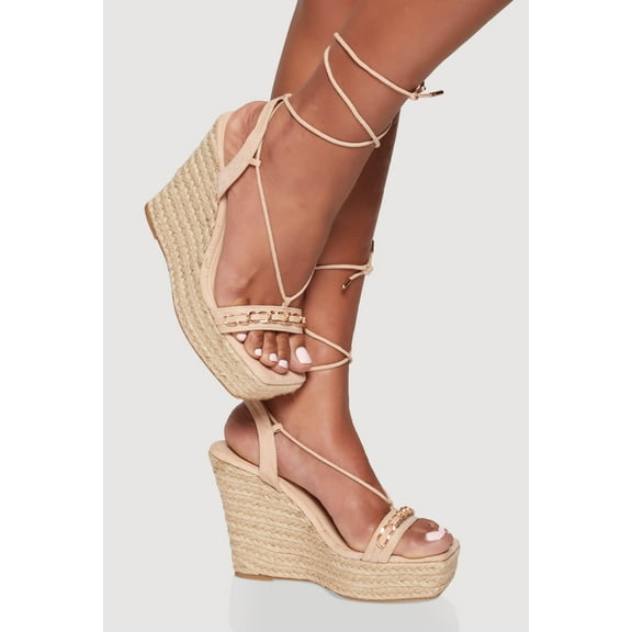 Women's Chain Detail Strappy Lace Up Espadrille Wedges