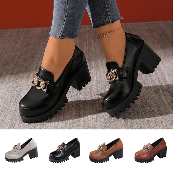 Women's Chain Embellished Platform Loafers, Round Toe Chunky Heel Dress Shoes, Retro Comfortable High Heel Shoes for Daily Wear