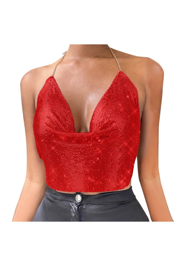 Women's Chain-Embellished Sleeveless Backless Crop Top, Beading & Tassel Details, Polyester, for Club & Vintage Look