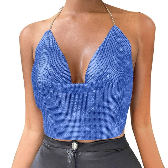 Women's Chain-Embellished Sleeveless Backless Crop Top, Beading & Tassel Details, Polyester, for Club & Vintage Look