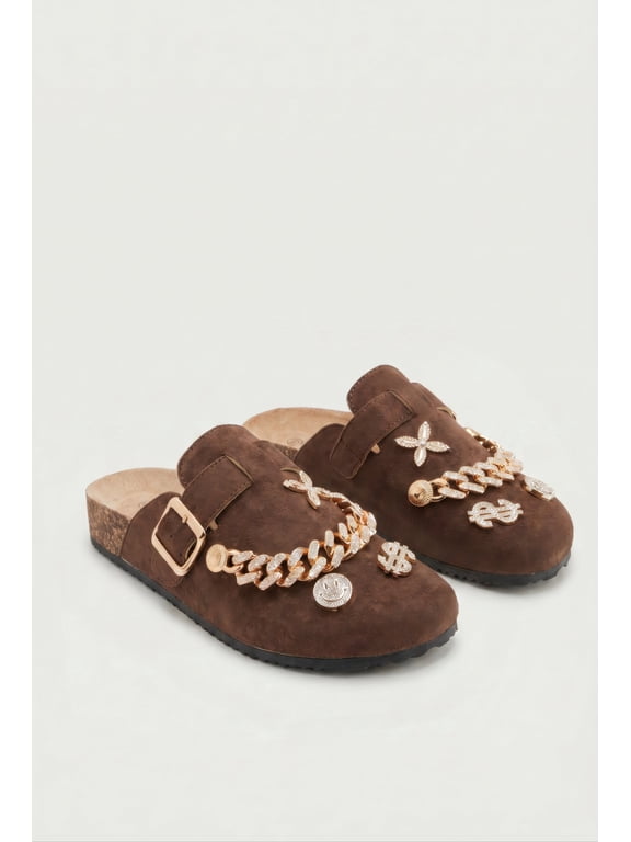 Women's Chain Link Rhinestone Charm Faux Suede Clog Mules