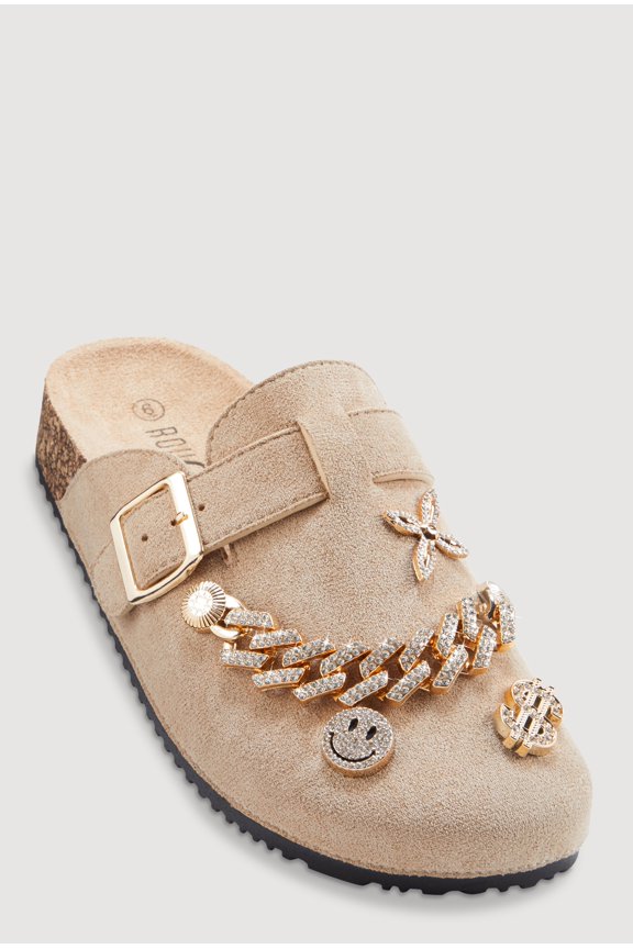 Women's Chain Link Rhinestone Charm Faux Suede Clog Mules
