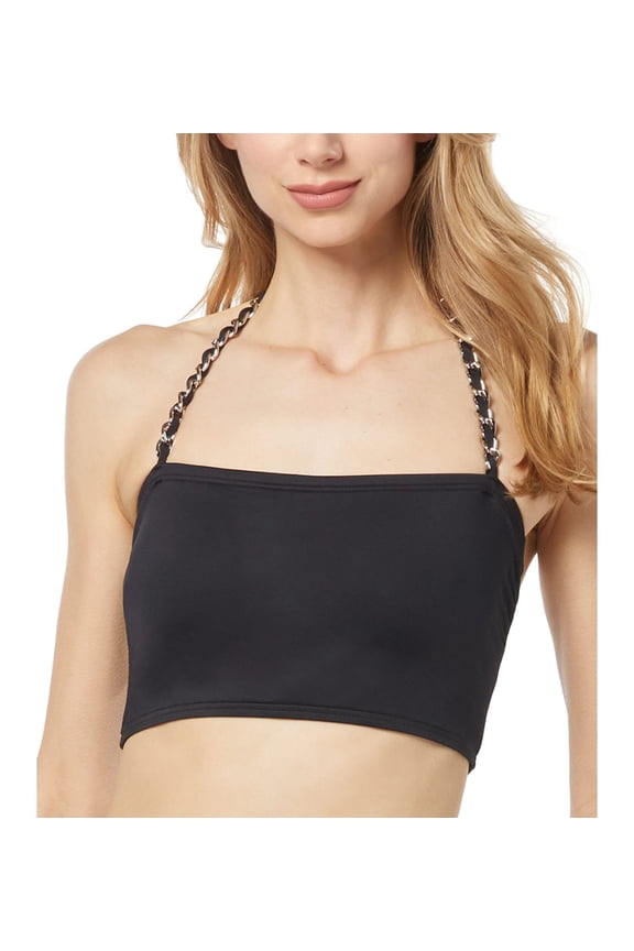 Women's Chain-Trim Halter Longline Bikini Top Black L