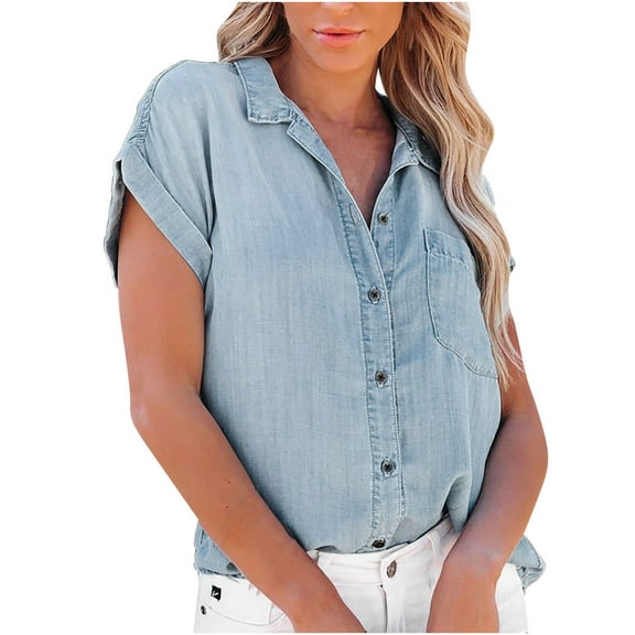 Women's Chambray Button Down Shirt with Chest Pockets Lapel V Neck Lightweight Short Sleeve Casual Blouse Tops