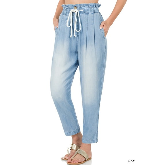 Women's Chambray Drawstring Elastic Waist Lightweight Denim Baggy Pants with Side & Back Pockets