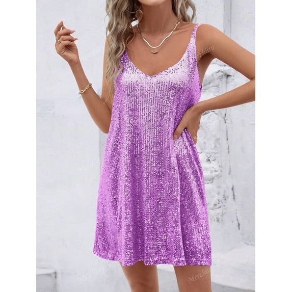 Women's Champagne Gold Sequin Sleeveless V-Neck Mini Dress - Party Cocktail Evening Wear