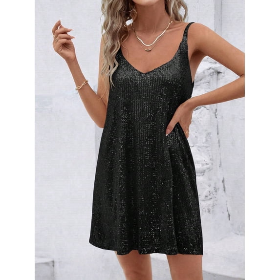 Women's Champagne Gold Sequin Sleeveless V-Neck Mini Dress - Party Cocktail Evening Wear