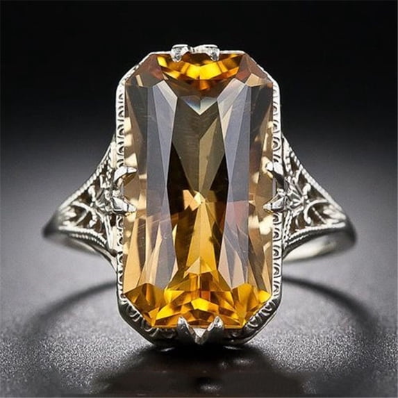 Women's Champagne Luxury Huge Vintage Citrine Cocktail Ring Art Deco Jewelry Engagement Gift Ring