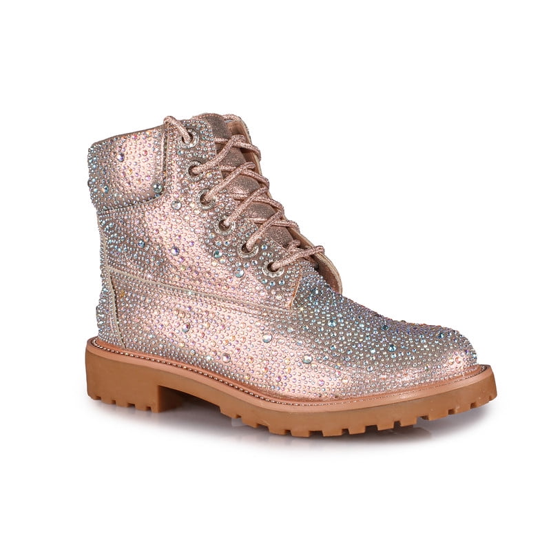 Women’s Champagne Rhinestone Dress Combat Booties