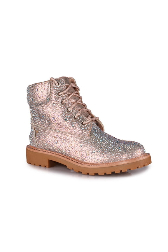Women’s Champagne Rhinestone Dress Combat Booties