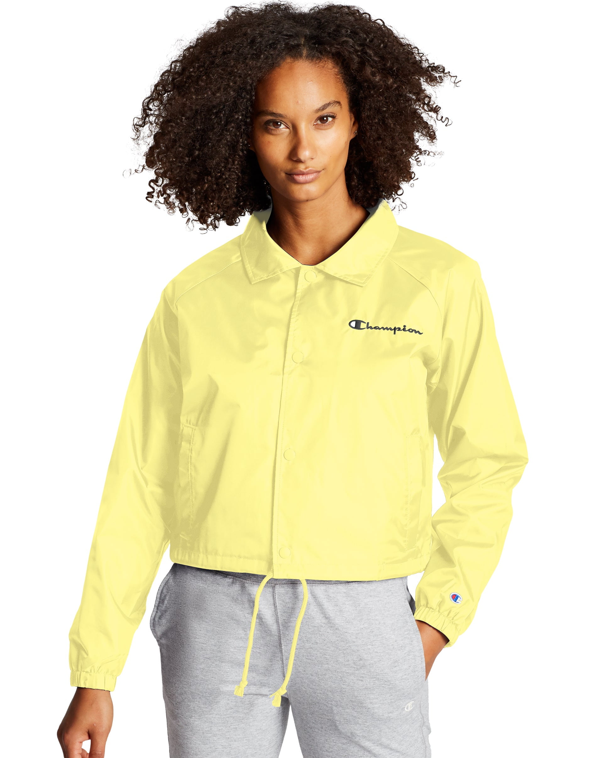 Women s Champion Cropped Coaches Jacket Color Pop Logo Journey Yellow L Walmart