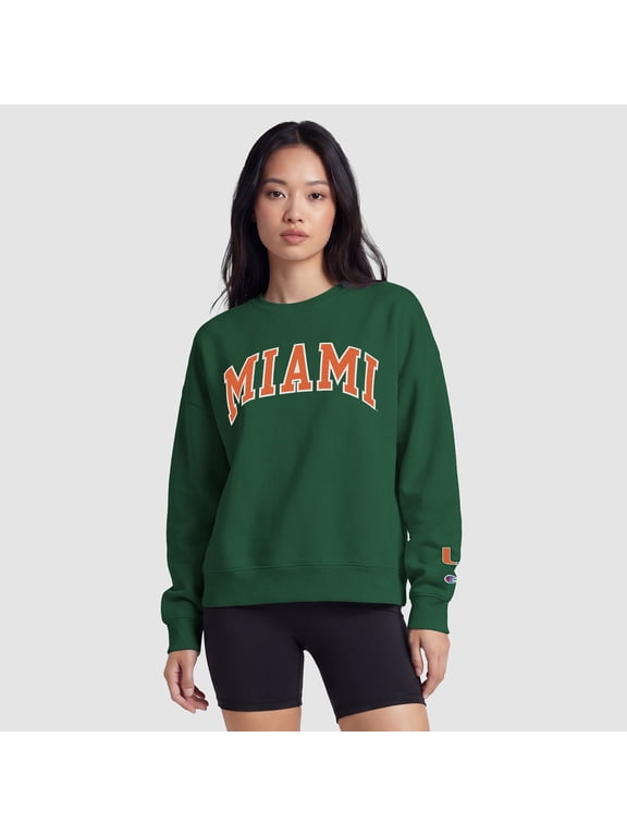 Women's Champion Green Miami Hurricanes Fleece Crew Sweatshirt