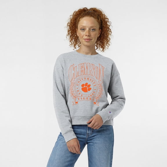 Women's Champion  Heather Gray Clemson Tigers Academic Crest Powerblend Crewneck Sweatshirt