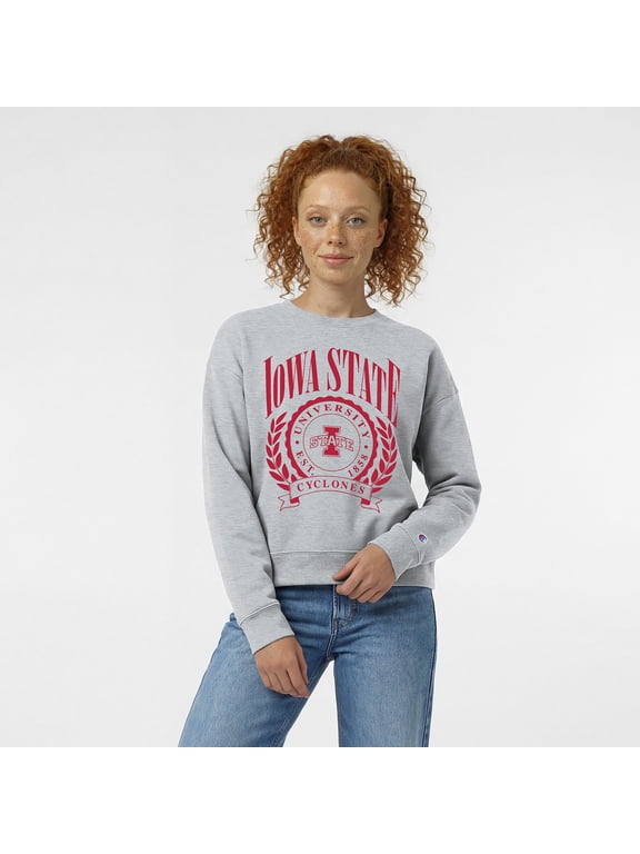 Women's Champion Heather Gray Iowa State Cyclones Academic Crest Powerblend Crewneck Sweatshirt