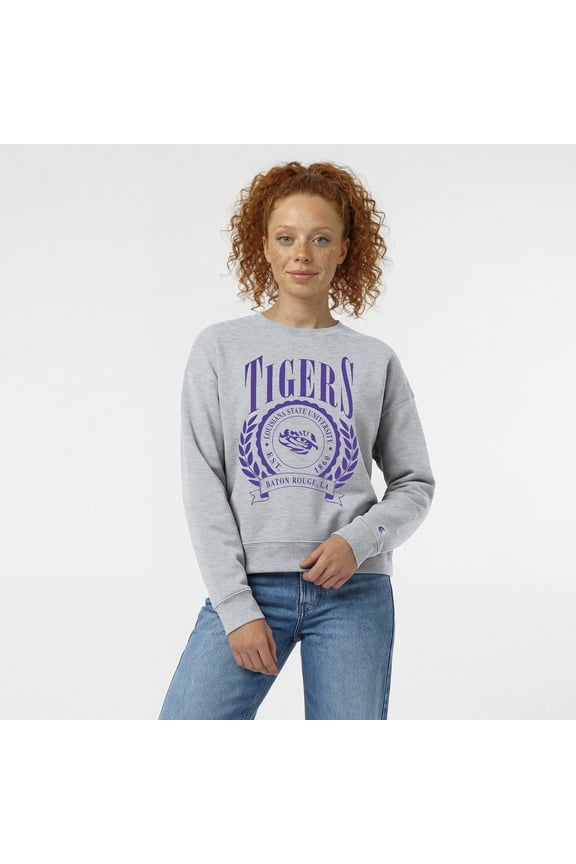Women's Champion Heather Gray LSU Tigers Academic Crest Powerblend Crewneck Sweatshirt