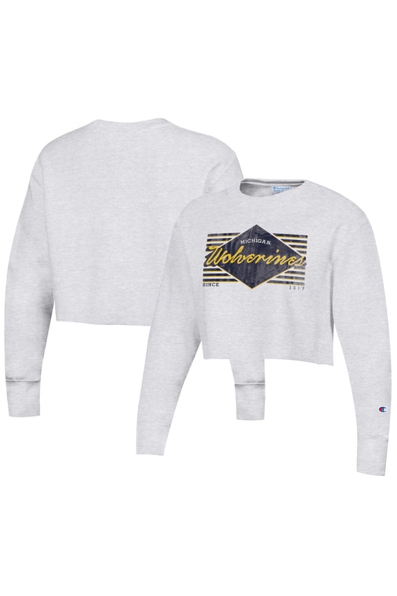 Women's Champion Heather Gray Michigan Wolverines Reverse Weave-Cropped Pullover Sweatshirt