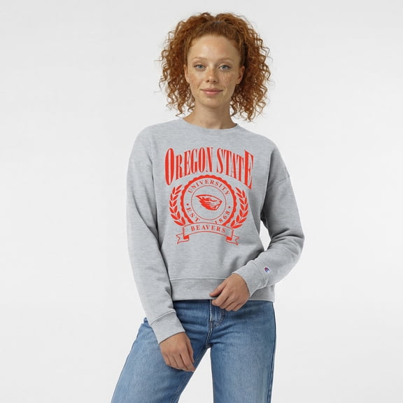Women's Champion Heather Gray Oregon State Beavers Academic Crest Powerblend Crewneck Sweatshirt