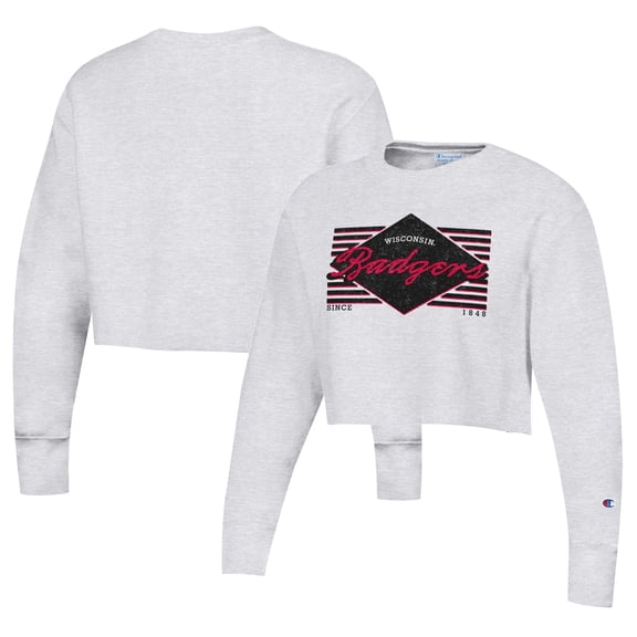 Women's Champion Heather Gray Wisconsin Badgers Reverse Weave-Cropped Pullover Sweatshirt