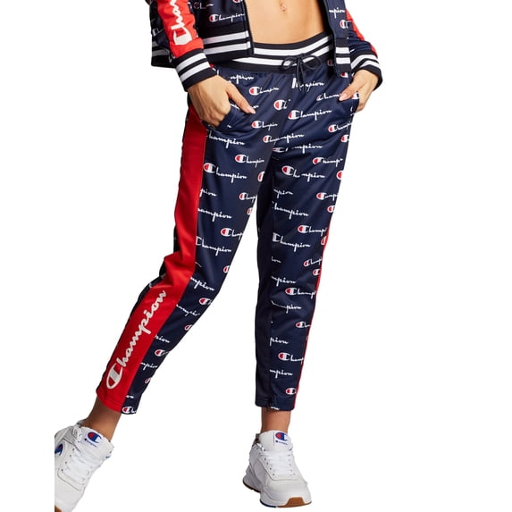 Women's Champion Life Tricot Slim Track Pants, All Over Logo Script Multi Scale Navy XS