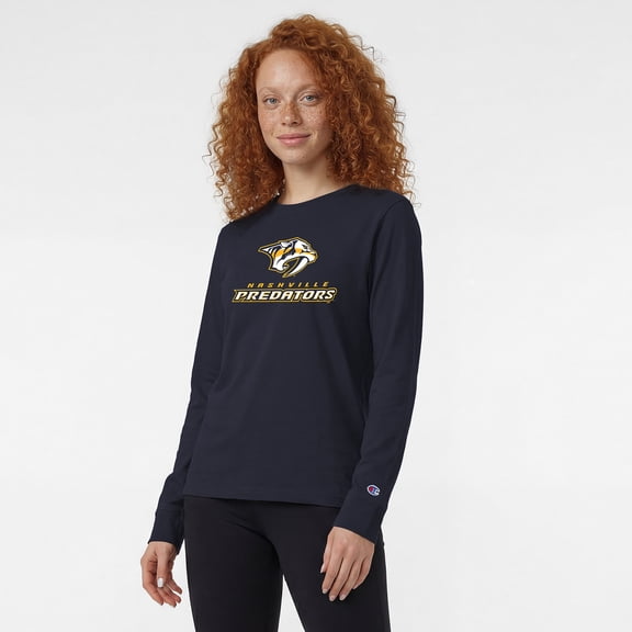 Women's Champion Navy Nashville Predators Wordmark Lockup Long Sleeve T-Shirt