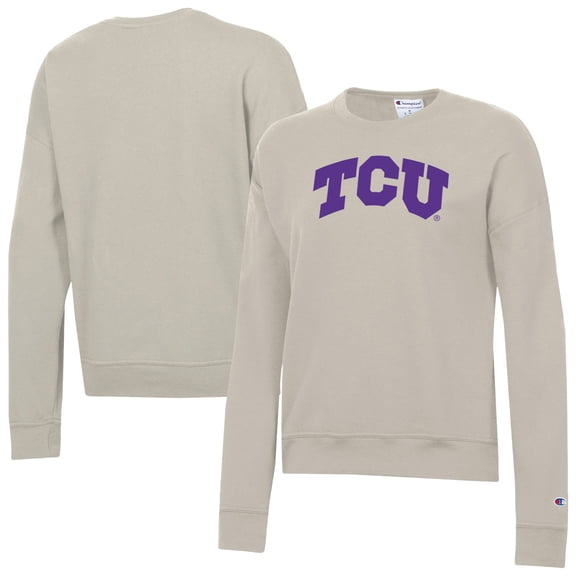 Women's-Champion Oatmeal TCU Horned Frogs Fleece Powerblend Pullover Sweatshirt