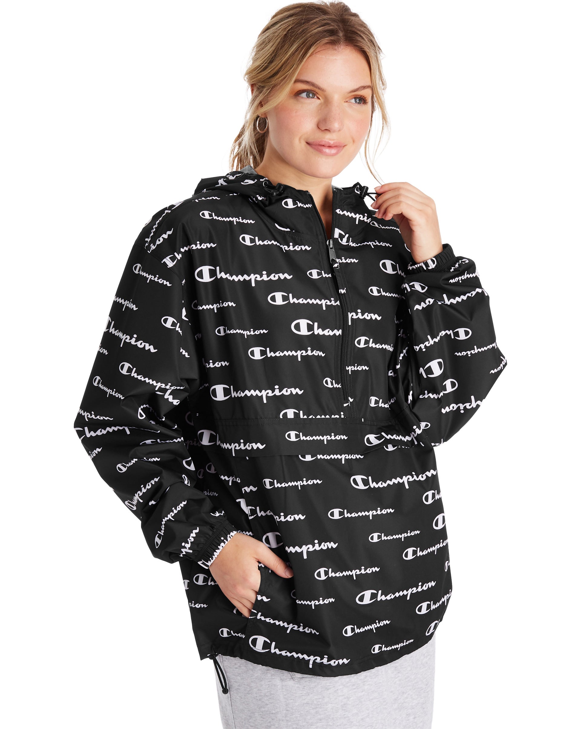 Women s Champion Packable Jacket All Over Logo Solid Script Black S