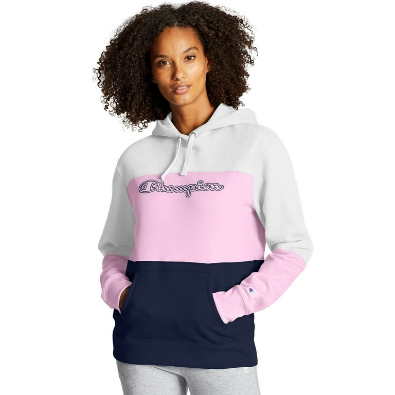Women s Champion Powerblend Colorblock Hoodie Script Logo White