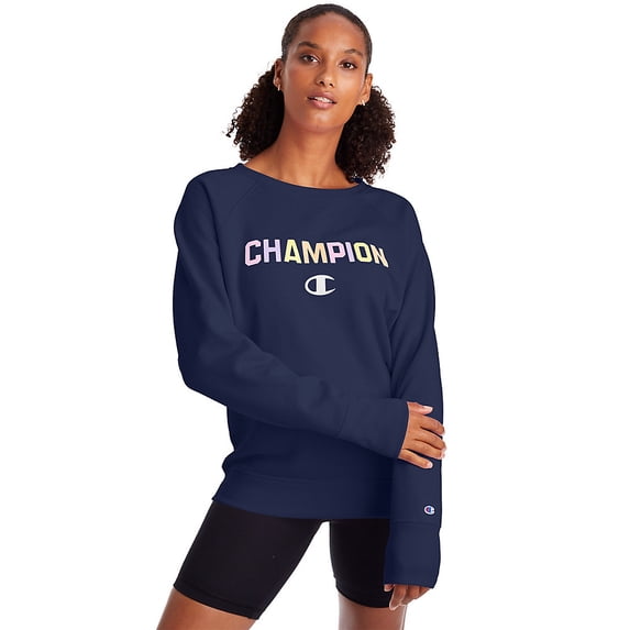 Women's Champion Powerblend Fleece Classic Crew, Block Logo Athletic Navy M