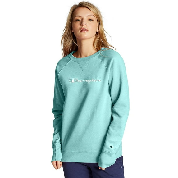 Women's Champion Powerblend Fleece Crew, Chainstitch Logo Amazing Aqua L
